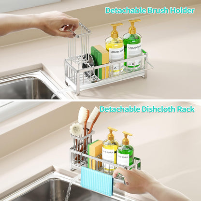 Sponge Holder for Kitchen Sink - Self-draining Sink Caddy with Brush and Dishcloth Holders, Stainless Steel Kitchen Countertop Organizers and Storage Essentials - Black