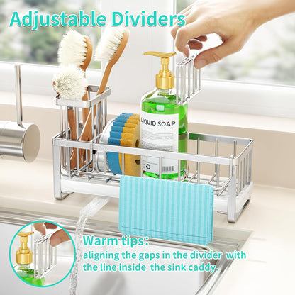 Sponge Holder for Kitchen Sink - Self-draining Sink Caddy with Brush and Dishcloth Holders, Stainless Steel Kitchen Countertop Organizers and Storage Essentials - Black