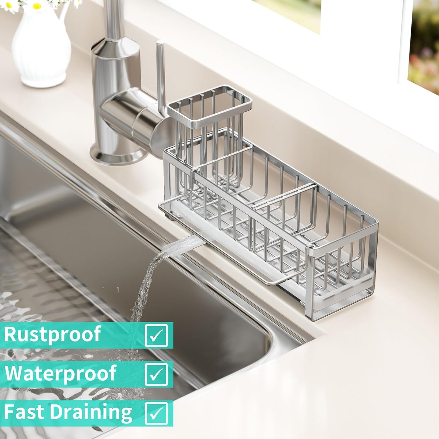Sponge Holder for Kitchen Sink - Self-draining Sink Caddy with Brush and Dishcloth Holders, Stainless Steel Kitchen Countertop Organizers and Storage Essentials - Black