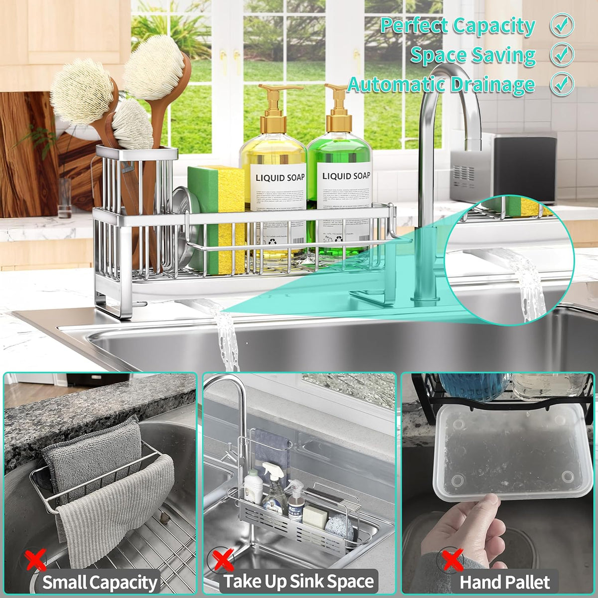 Sponge Holder for Kitchen Sink - Self-draining Sink Caddy with Brush and Dishcloth Holders, Stainless Steel Kitchen Countertop Organizers and Storage Essentials - Black