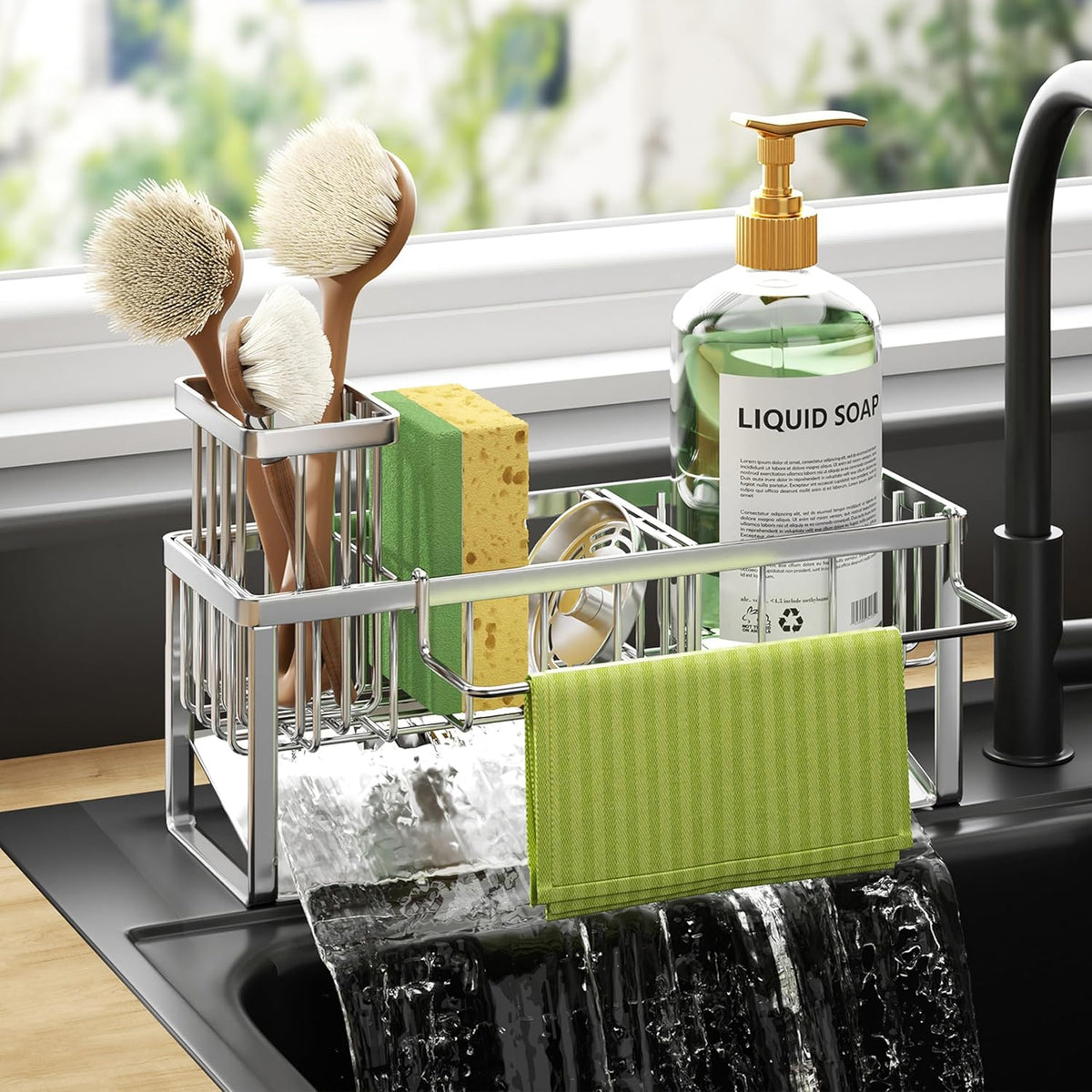 Sponge Holder for Kitchen Sink - Self-draining Sink Caddy with Brush and Dishcloth Holders, Stainless Steel Kitchen Countertop Organizers and Storage Essentials - Black