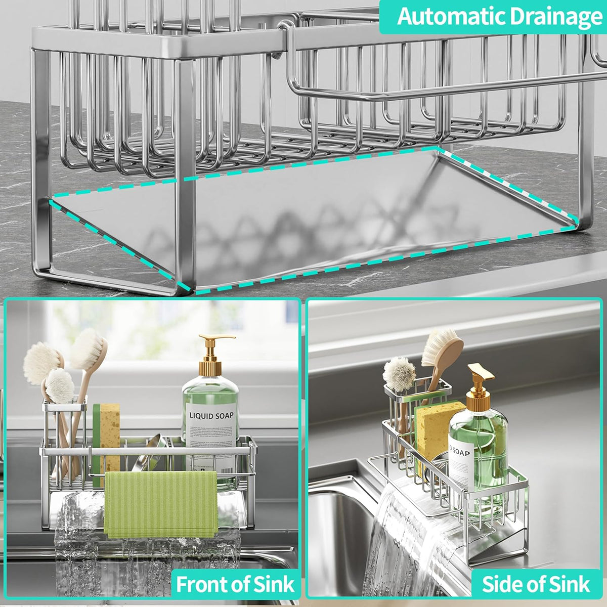 Sponge Holder for Kitchen Sink - Self-draining Sink Caddy with Brush and Dishcloth Holders, Stainless Steel Kitchen Countertop Organizers and Storage Essentials - Black