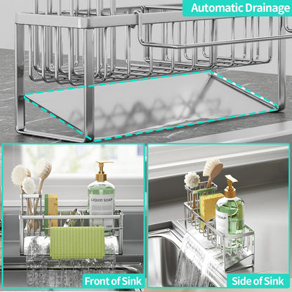 Sponge Holder for Kitchen Sink - Self-draining Sink Caddy with Brush and Dishcloth Holders, Stainless Steel Kitchen Countertop Organizers and Storage Essentials - Black