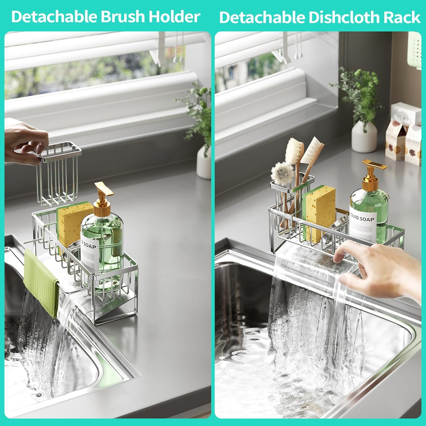 Sponge Holder for Kitchen Sink - Self-draining Sink Caddy with Brush and Dishcloth Holders, Stainless Steel Kitchen Countertop Organizers and Storage Essentials - Black
