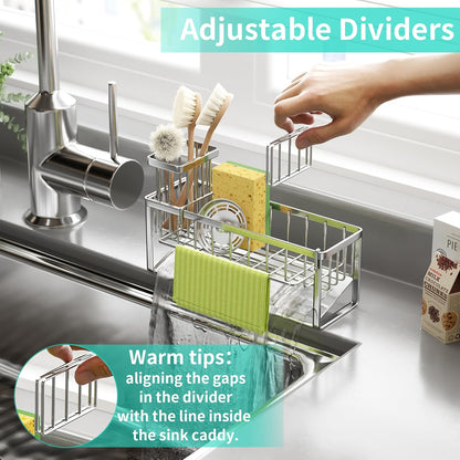 Sponge Holder for Kitchen Sink - Self-draining Sink Caddy with Brush and Dishcloth Holders, Stainless Steel Kitchen Countertop Organizers and Storage Essentials - Black
