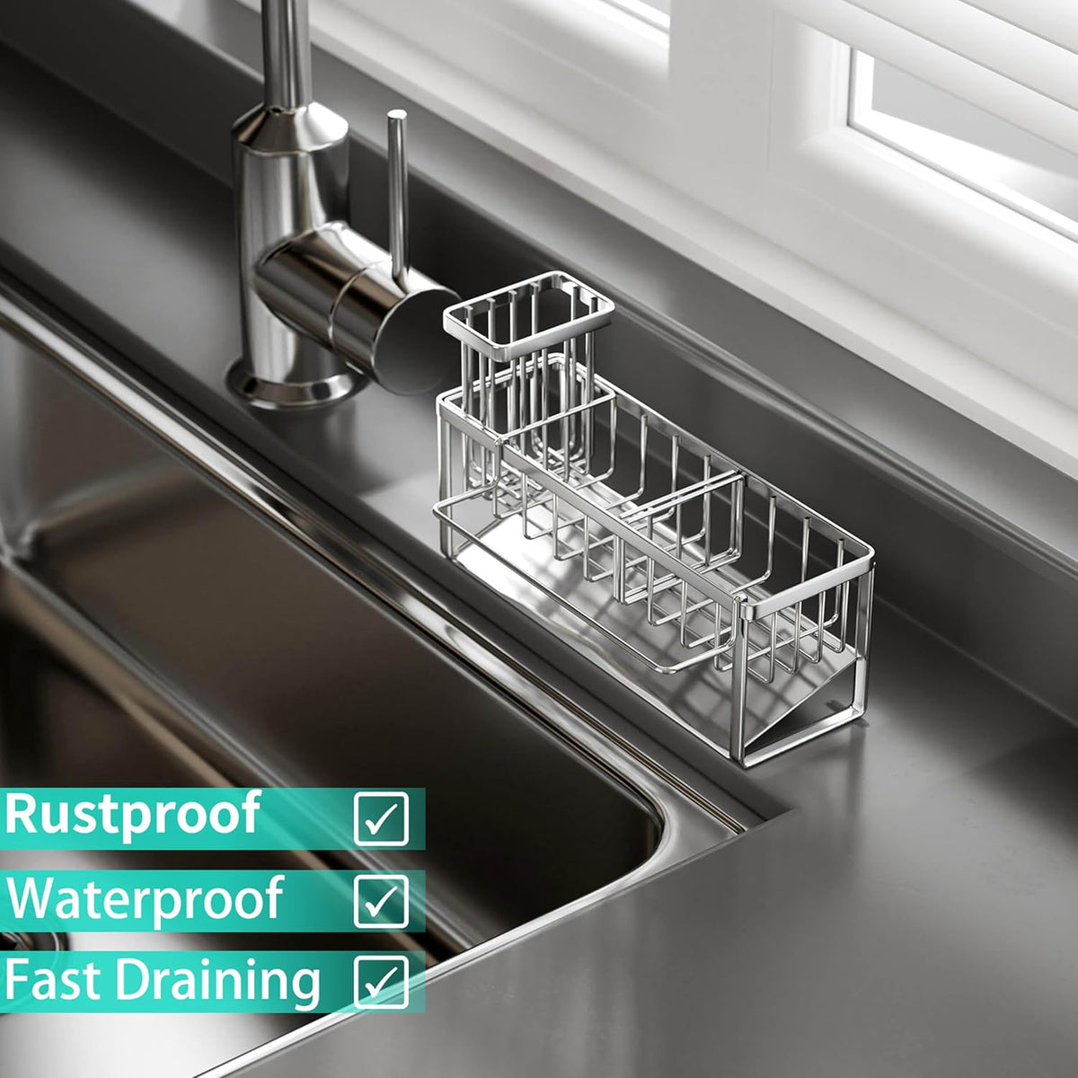 Sponge Holder for Kitchen Sink - Self-draining Sink Caddy with Brush and Dishcloth Holders, Stainless Steel Kitchen Countertop Organizers and Storage Essentials - Black