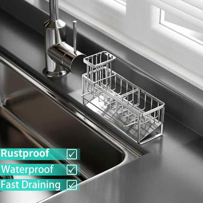 Sponge Holder for Kitchen Sink - Self-draining Sink Caddy with Brush and Dishcloth Holders, Stainless Steel Kitchen Countertop Organizers and Storage Essentials - Black