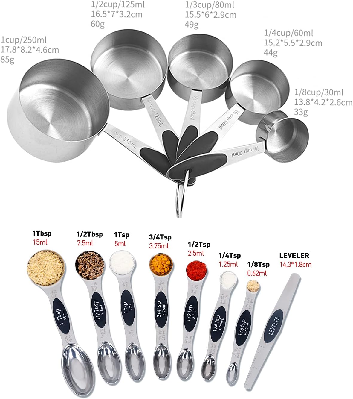Measuring Cup and Magnetic Measuring Spoons Set, 5 Stainless Steel Nesting Measuring Cup & 7 Double Sided Stackable Magnetic Measuring Spoons & 1 Leveler, for Cooking Dry and Liquid Ingredient