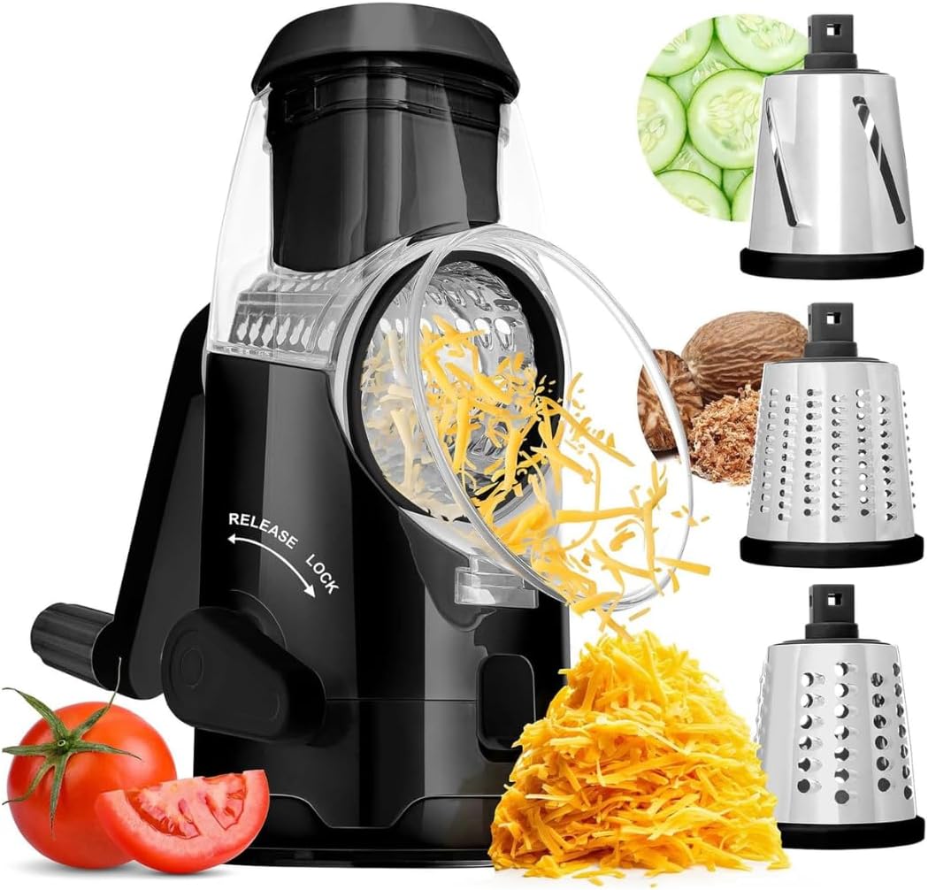 Plastic Rotary Cheese Grater with Handle – 8"x6"x10" Manual Cheese & Vegetable Grater with Easy-Turn Crank, Non-Slip Base, Durable Kitchen Tool for Shredding, Slicing & Grating