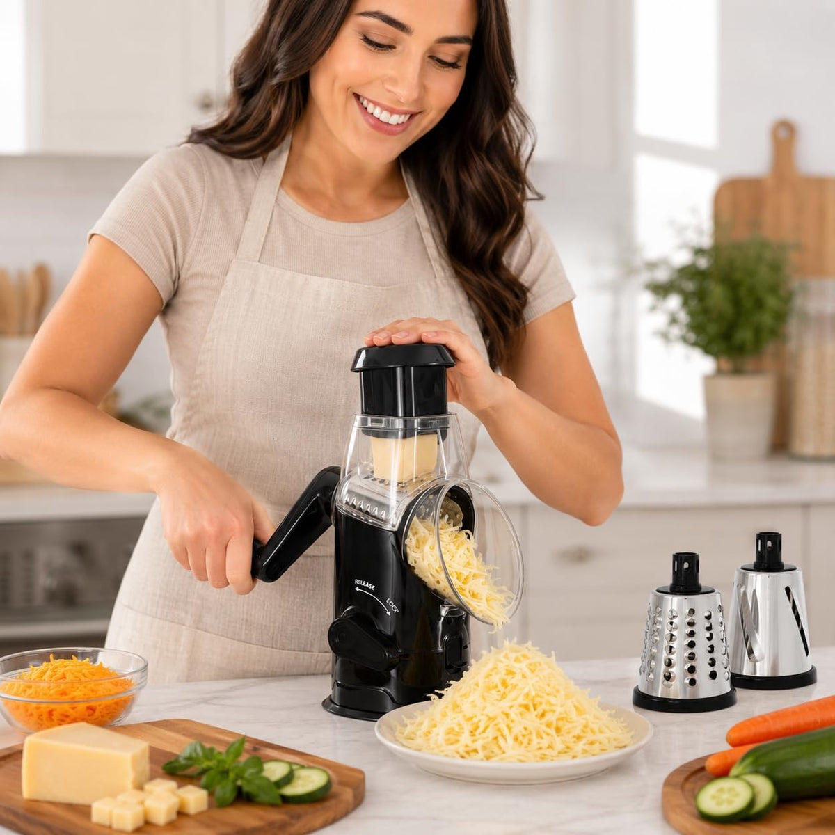 Plastic Rotary Cheese Grater with Handle – 8"x6"x10" Manual Cheese & Vegetable Grater with Easy-Turn Crank, Non-Slip Base, Durable Kitchen Tool for Shredding, Slicing & Grating