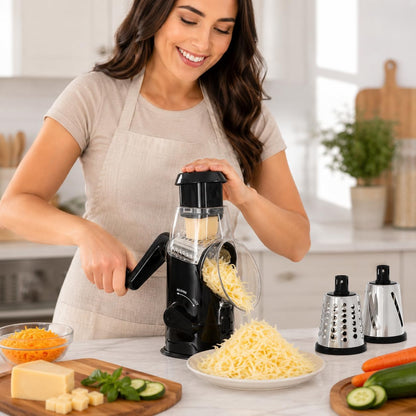 Plastic Rotary Cheese Grater with Handle – 8"x6"x10" Manual Cheese & Vegetable Grater with Easy-Turn Crank, Non-Slip Base, Durable Kitchen Tool for Shredding, Slicing & Grating