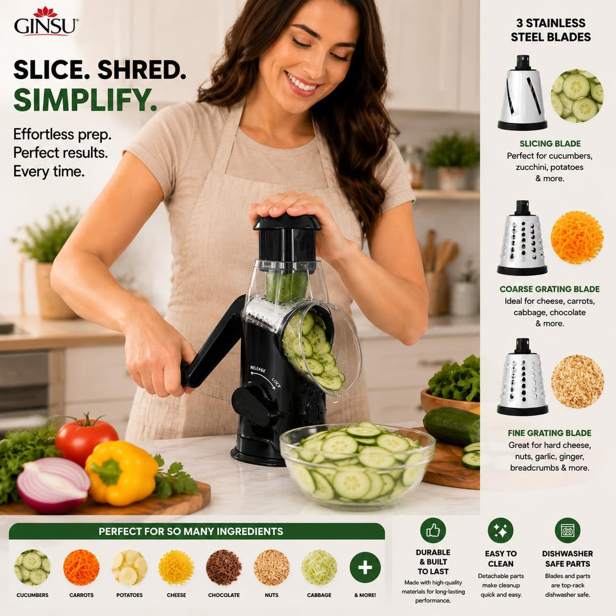 Plastic Rotary Cheese Grater with Handle – 8"x6"x10" Manual Cheese & Vegetable Grater with Easy-Turn Crank, Non-Slip Base, Durable Kitchen Tool for Shredding, Slicing & Grating