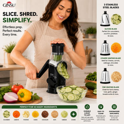 Plastic Rotary Cheese Grater with Handle – 8"x6"x10" Manual Cheese & Vegetable Grater with Easy-Turn Crank, Non-Slip Base, Durable Kitchen Tool for Shredding, Slicing & Grating