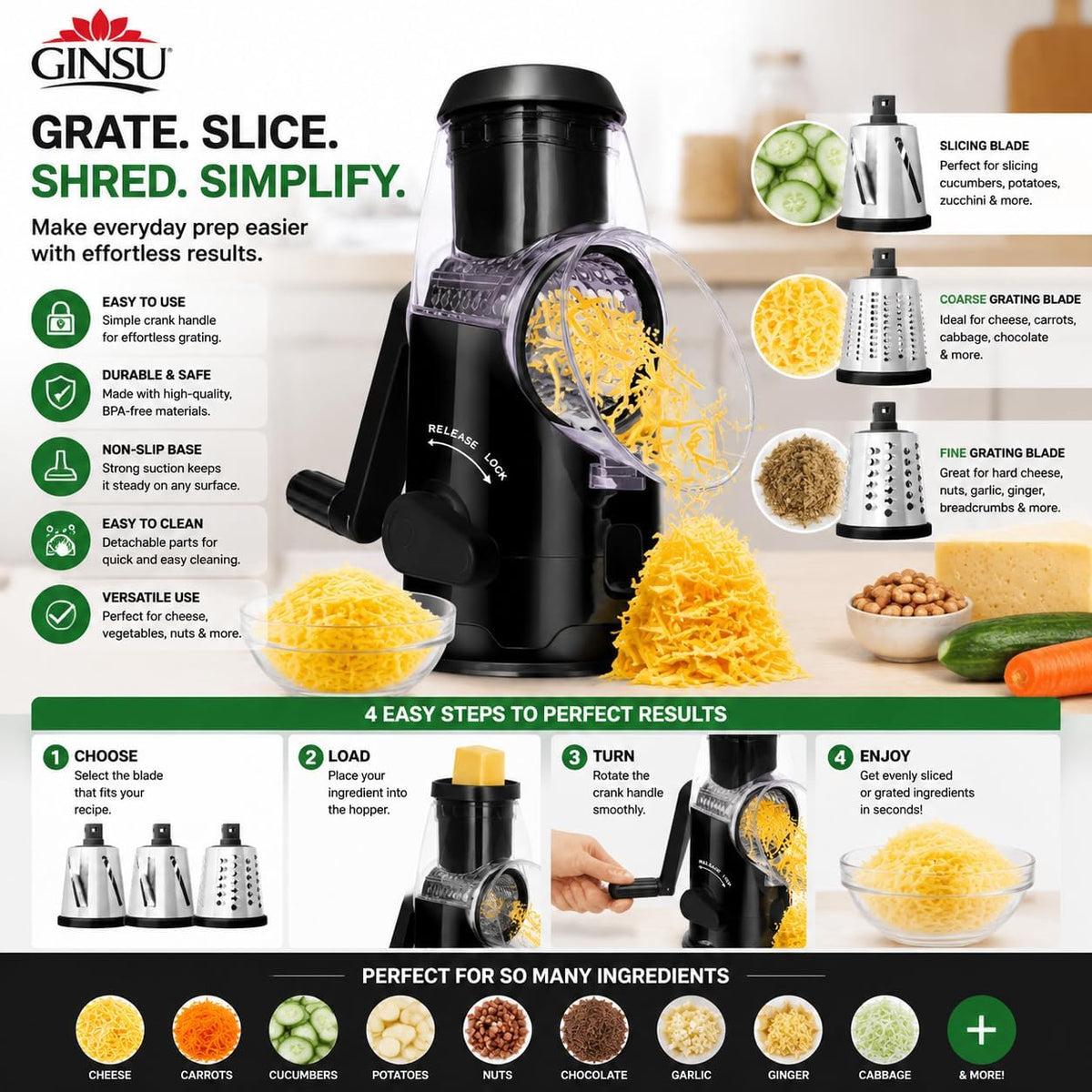 Plastic Rotary Cheese Grater with Handle – 8"x6"x10" Manual Cheese & Vegetable Grater with Easy-Turn Crank, Non-Slip Base, Durable Kitchen Tool for Shredding, Slicing & Grating