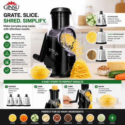 Plastic Rotary Cheese Grater with Handle – 8"x6"x10" Manual Cheese & Vegetable Grater with Easy-Turn Crank, Non-Slip Base, Durable Kitchen Tool for Shredding, Slicing & Grating