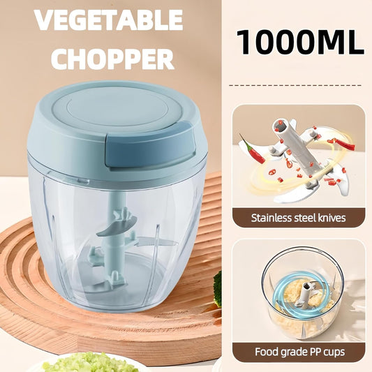 Manual Food Processor, Garlic Mincer Hand Cutter, Vegetable Chopper for Kitchen Gadgets, Hand Pull String onion chopper for Veggies, Ginger, Fruits, Nuts, Herbs, etc, 1000ML (blue)