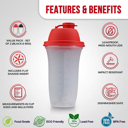 Shaker Bottles | 17-Ounce Plastic Protein Shake Bottle for Meal Replacement Shakes & Smoothies, Beverages, Mixing Salad Dressing & Sauces, Margarita, & More