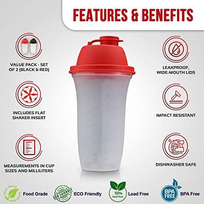 Shaker Bottles | 17-Ounce Plastic Protein Shake Bottle for Meal Replacement Shakes & Smoothies, Beverages, Mixing Salad Dressing & Sauces, Margarita, & More