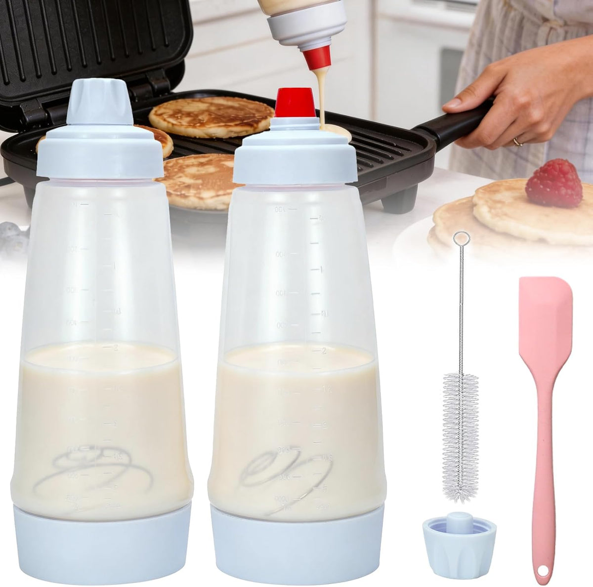 Pancake Batter Dispenser with BlenderBall & Wire Whisk Includes Silicone Spatula & Cleaning Brush
