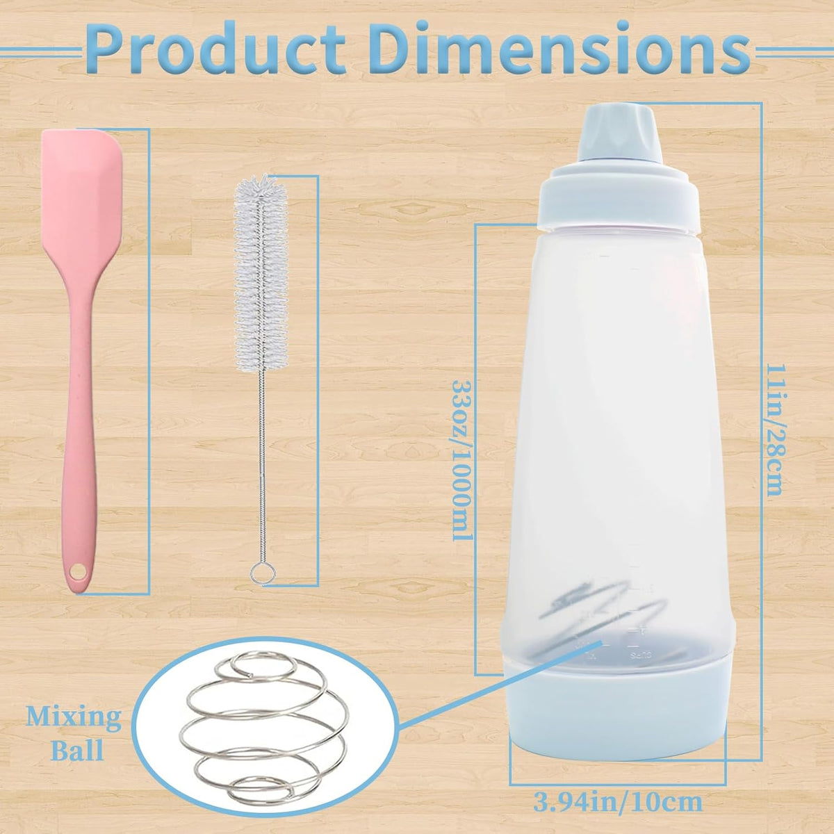 Pancake Batter Dispenser with BlenderBall & Wire Whisk Includes Silicone Spatula & Cleaning Brush