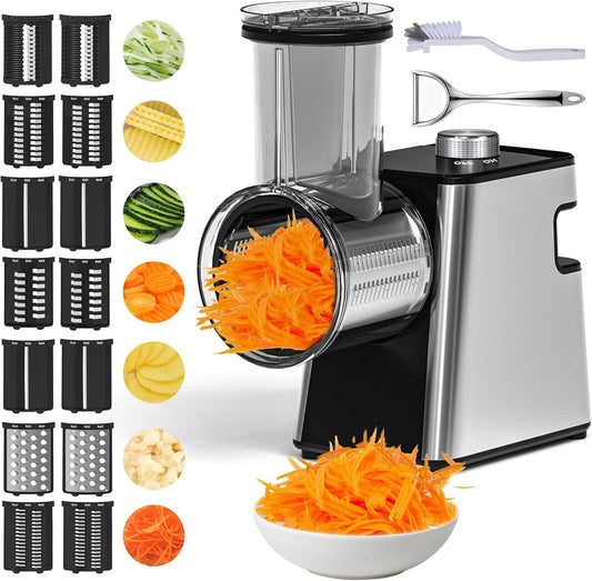 7 in 1 Electric Cheese Grater, 300W Cheese Grater for Block Cheese with 14 Blades, Y Peeler and Brush, Kitchen Automatic Cheese Shredder Electric for Vegetables, Fruits, and Salad