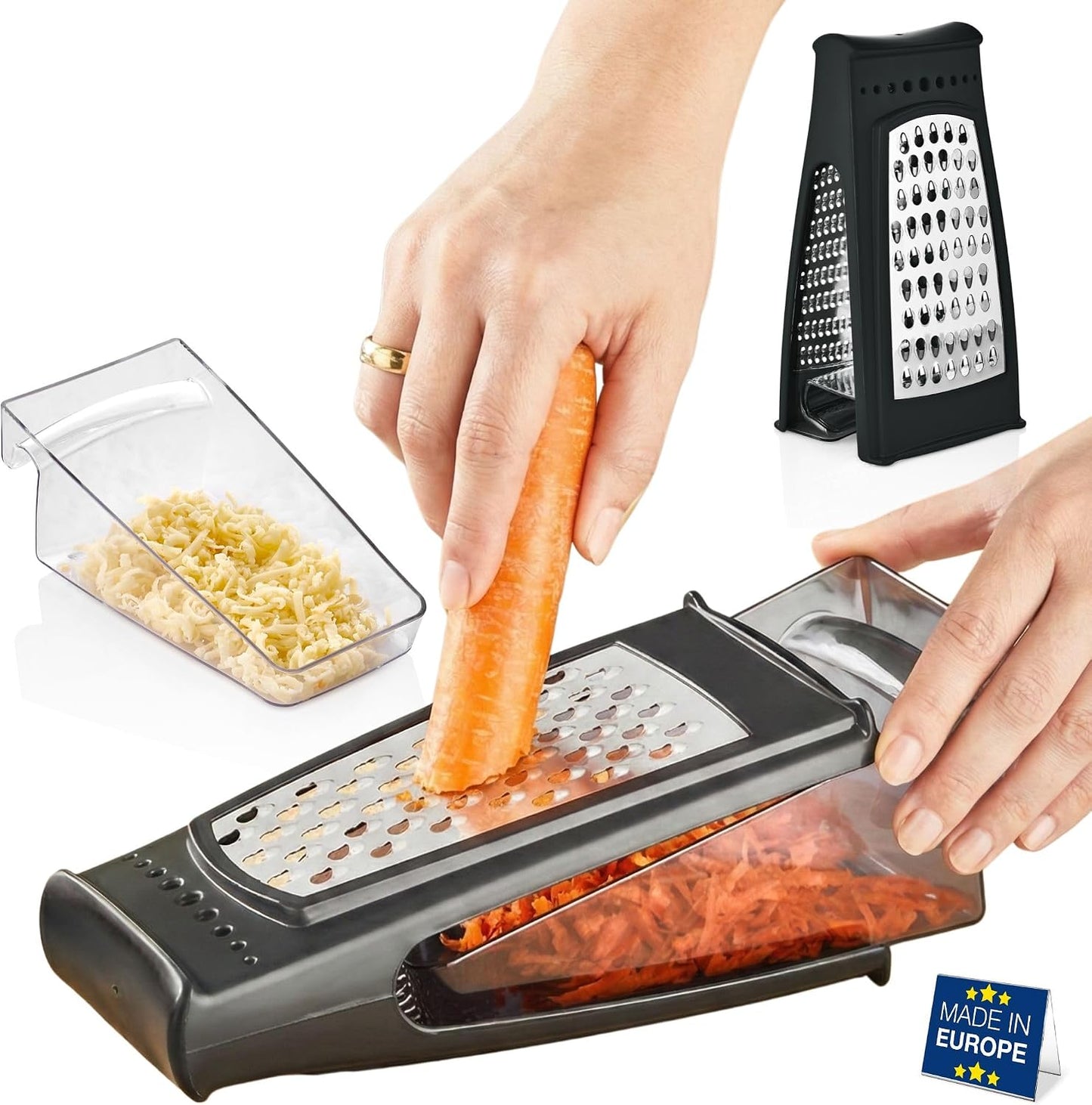 Grater with Collection Box and Stainless Steel Blades | Handheld Ergonomic Cheese & Vegetable Grater with Container | 18.5 oz Box | Dishwasher Safe