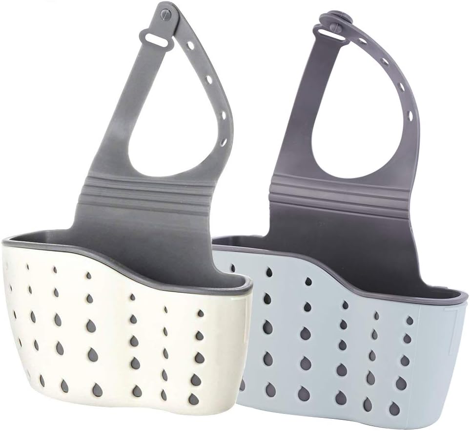 EC ELEGANTCHARM Kitchen Sink Caddy Sponge Holder Silicone Plastic Soap Holder Hanging Ajustable Strap Faucet Caddy with Drain Holes for Drying