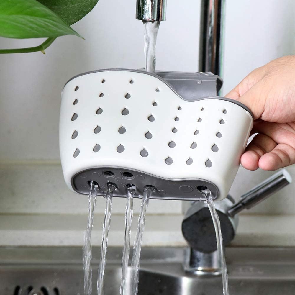 EC ELEGANTCHARM Kitchen Sink Caddy Sponge Holder Silicone Plastic Soap Holder Hanging Ajustable Strap Faucet Caddy with Drain Holes for Drying