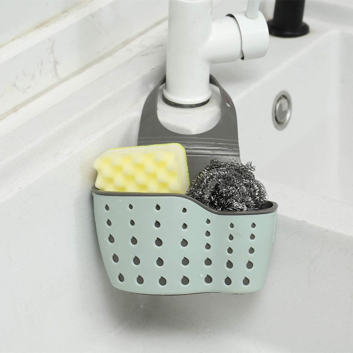 EC ELEGANTCHARM Kitchen Sink Caddy Sponge Holder Silicone Plastic Soap Holder Hanging Ajustable Strap Faucet Caddy with Drain Holes for Drying