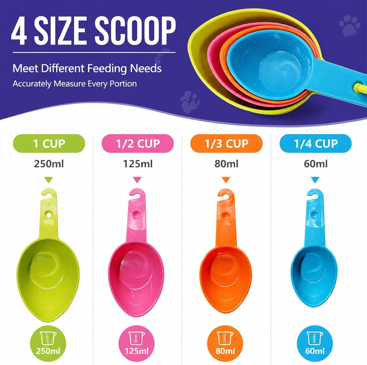 Dog Food Scoop Set of 4 - Plastic Measuring Cups for Dog, Cat and Bird Food (Random Color)