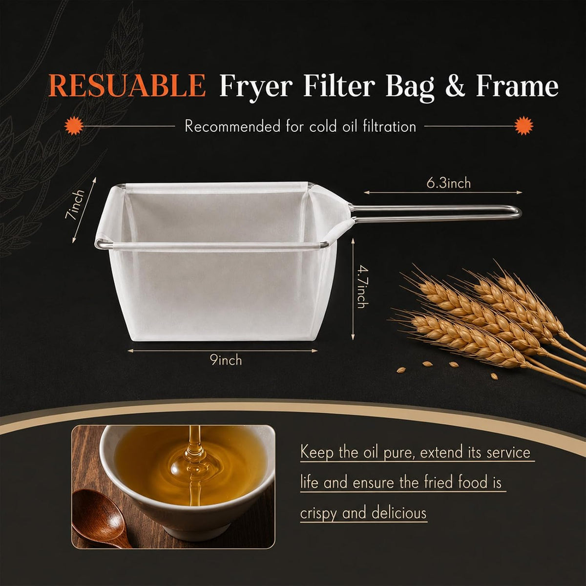 9 Inch Fryer Oil Filter with Stainless Steel Handle Frame, Reusable Fine Mesh Strainer Bag Cooking Oil Filter Separator for Food Maple Syrup Deep Fryer Pot Kitchen Restaurant- Easy to Clean