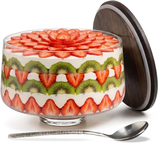 Large Trifle Bowl with Lid Set, 4.8Q (155oz) - Silver Serving Spoon & Acacia Wood Lid - Decorative Glass Mixing Bowl, Trifle Glass With Pedestal - Serving Bowl for Layered Desserts, Fruits, Salads