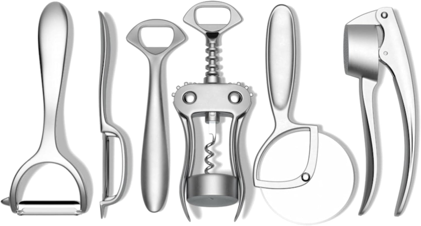 Kitchen Tool Set | 6 Piece Kitchen Utensil Set | Includes Y-Peeler, Peeler, Bottle Opener, Wine Opener, Pizza Cutter, and Garlic Press | Plastic-Free, Dishwasher Safe Gadget Essentials