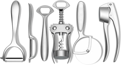 Kitchen Tool Set | 6 Piece Kitchen Utensil Set | Includes Y-Peeler, Peeler, Bottle Opener, Wine Opener, Pizza Cutter, and Garlic Press | Plastic-Free, Dishwasher Safe Gadget Essentials