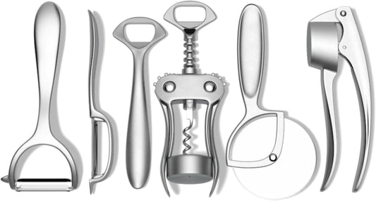 Kitchen Tool Set | 6 Piece Kitchen Utensil Set | Includes Y-Peeler, Peeler, Bottle Opener, Wine Opener, Pizza Cutter, and Garlic Press | Plastic-Free, Dishwasher Safe Gadget Essentials