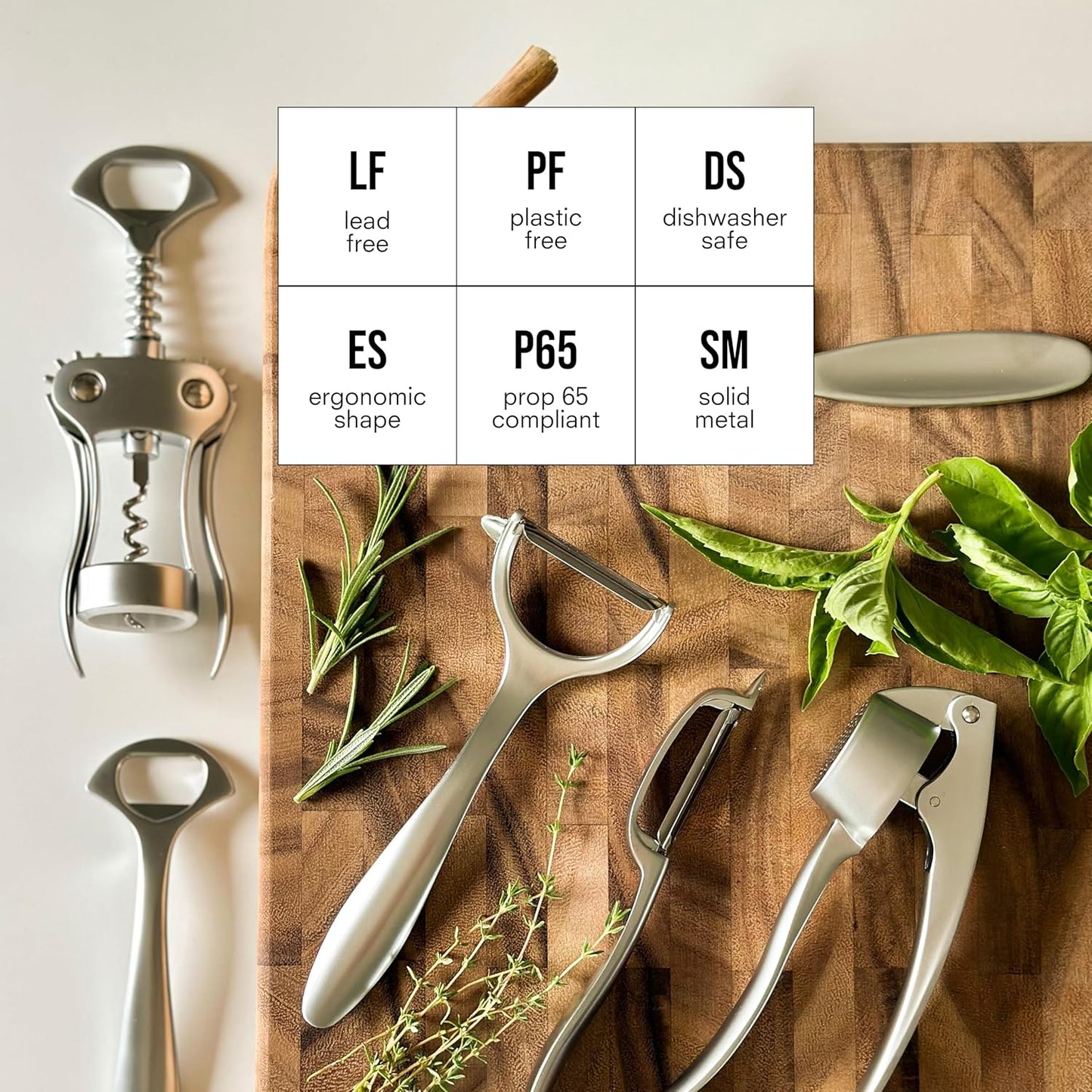 Kitchen Tool Set | 6 Piece Kitchen Utensil Set | Includes Y-Peeler, Peeler, Bottle Opener, Wine Opener, Pizza Cutter, and Garlic Press | Plastic-Free, Dishwasher Safe Gadget Essentials