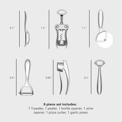 Kitchen Tool Set | 6 Piece Kitchen Utensil Set | Includes Y-Peeler, Peeler, Bottle Opener, Wine Opener, Pizza Cutter, and Garlic Press | Plastic-Free, Dishwasher Safe Gadget Essentials