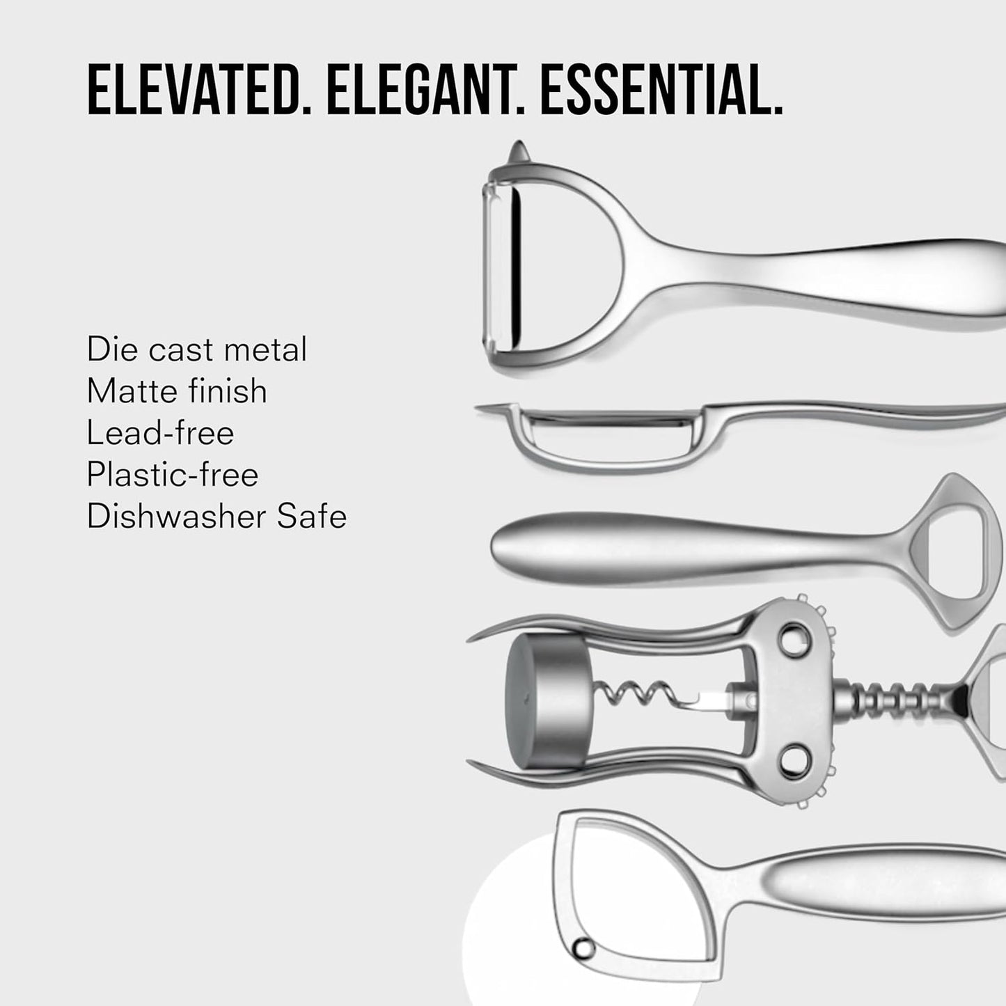 Kitchen Tool Set | 6 Piece Kitchen Utensil Set | Includes Y-Peeler, Peeler, Bottle Opener, Wine Opener, Pizza Cutter, and Garlic Press | Plastic-Free, Dishwasher Safe Gadget Essentials