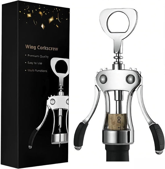 Wine Opener Zinc Alloy Wing Corkscrew, Multifunctional Wine Bottle Opener with Built-In Beer Bottle Opener, Sharp Worm Tip with Ergonomic Non-Slip Wing Handle for Home Bar Restaurant, Silver