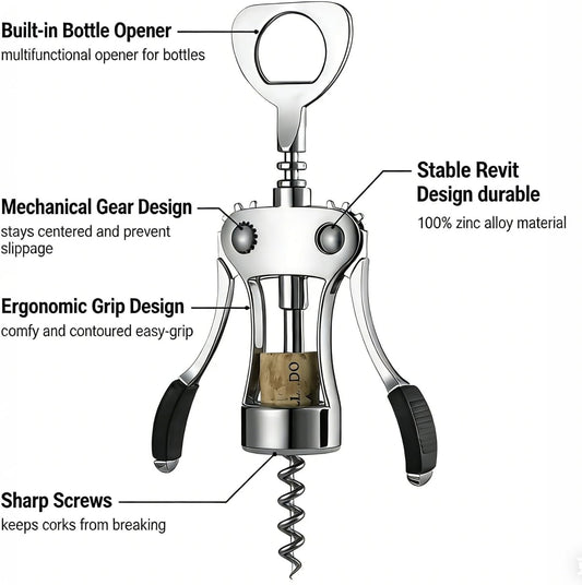 Wine Opener Zinc Alloy Wing Corkscrew, Multifunctional Wine Bottle Opener with Built-In Beer Bottle Opener, Sharp Worm Tip with Ergonomic Non-Slip Wing Handle for Home Bar Restaurant, Silver