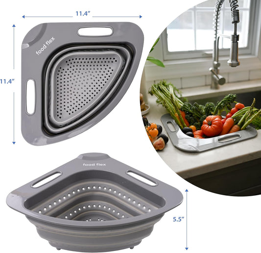 Collapsible Corner Colander – Space-Saving Over Sink Strainer, 3.5 Qt, Grey