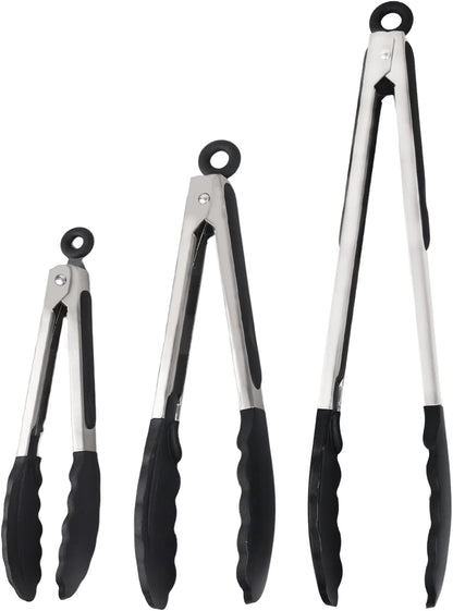 Kitchen Tongs with Silicone Tips, Kitchen Tongs, Cooking Tongs, Premium Stainless Steel Locking Cooking Tongs, Non-Slip Food Tongs for Cooking, Heavy Duty, Non-Stick, 480℉, Set of 3-7"/9"/12" Black