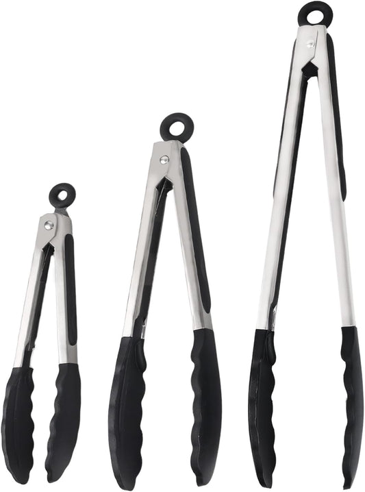 Kitchen Tongs with Silicone Tips, Kitchen Tongs, Cooking Tongs, Premium Stainless Steel Locking Cooking Tongs, Non-Slip Food Tongs for Cooking, Heavy Duty, Non-Stick, 480℉, Set of 3-7"/9"/12" Black
