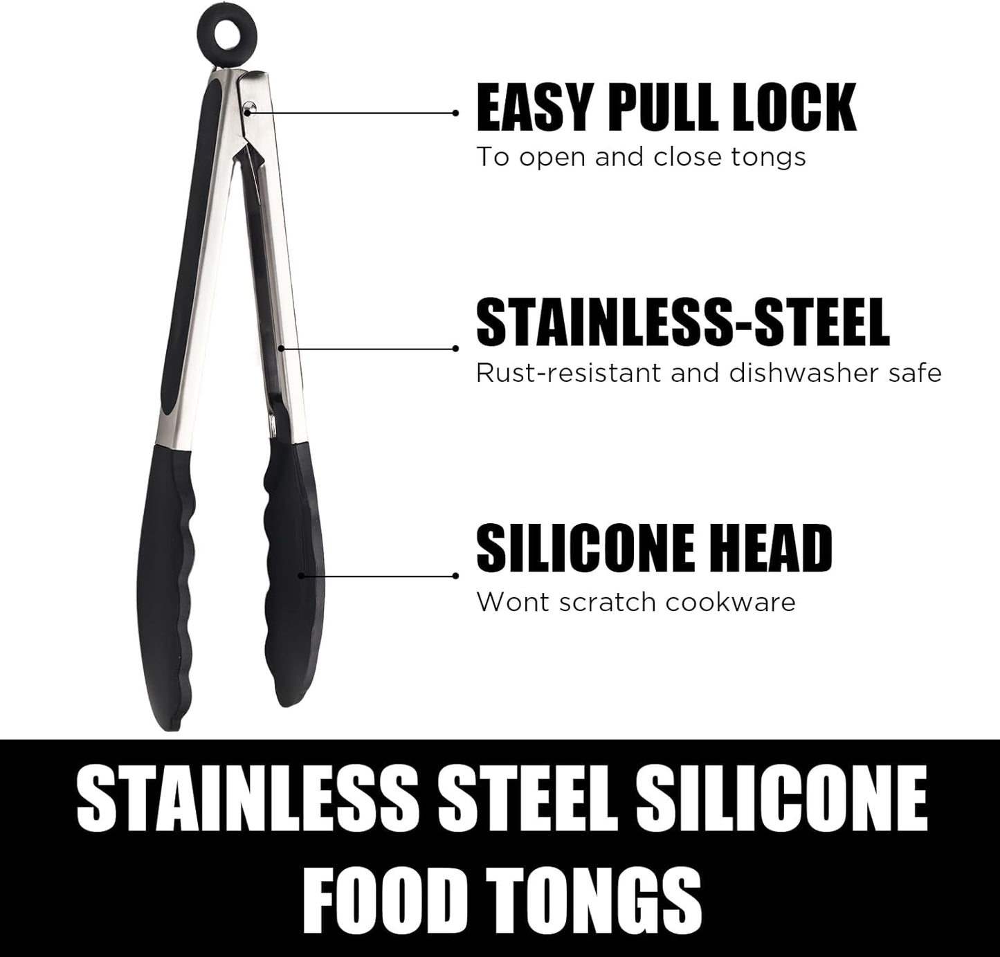 Kitchen Tongs with Silicone Tips, Kitchen Tongs, Cooking Tongs, Premium Stainless Steel Locking Cooking Tongs, Non-Slip Food Tongs for Cooking, Heavy Duty, Non-Stick, 480℉, Set of 3-7"/9"/12" Black