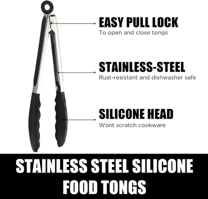 Kitchen Tongs with Silicone Tips, Kitchen Tongs, Cooking Tongs, Premium Stainless Steel Locking Cooking Tongs, Non-Slip Food Tongs for Cooking, Heavy Duty, Non-Stick, 480℉, Set of 3-7"/9"/12" Black