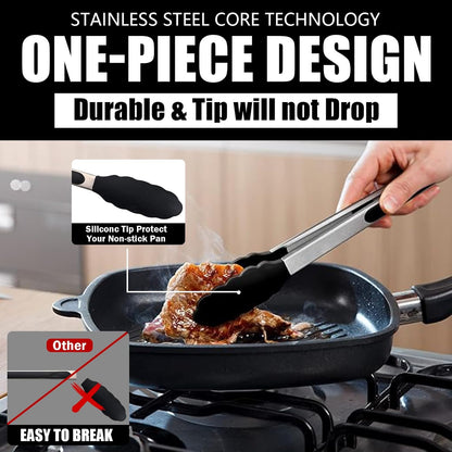 Kitchen Tongs with Silicone Tips, Kitchen Tongs, Cooking Tongs, Premium Stainless Steel Locking Cooking Tongs, Non-Slip Food Tongs for Cooking, Heavy Duty, Non-Stick, 480℉, Set of 3-7"/9"/12" Black