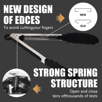 Kitchen Tongs with Silicone Tips, Kitchen Tongs, Cooking Tongs, Premium Stainless Steel Locking Cooking Tongs, Non-Slip Food Tongs for Cooking, Heavy Duty, Non-Stick, 480℉, Set of 3-7"/9"/12" Black