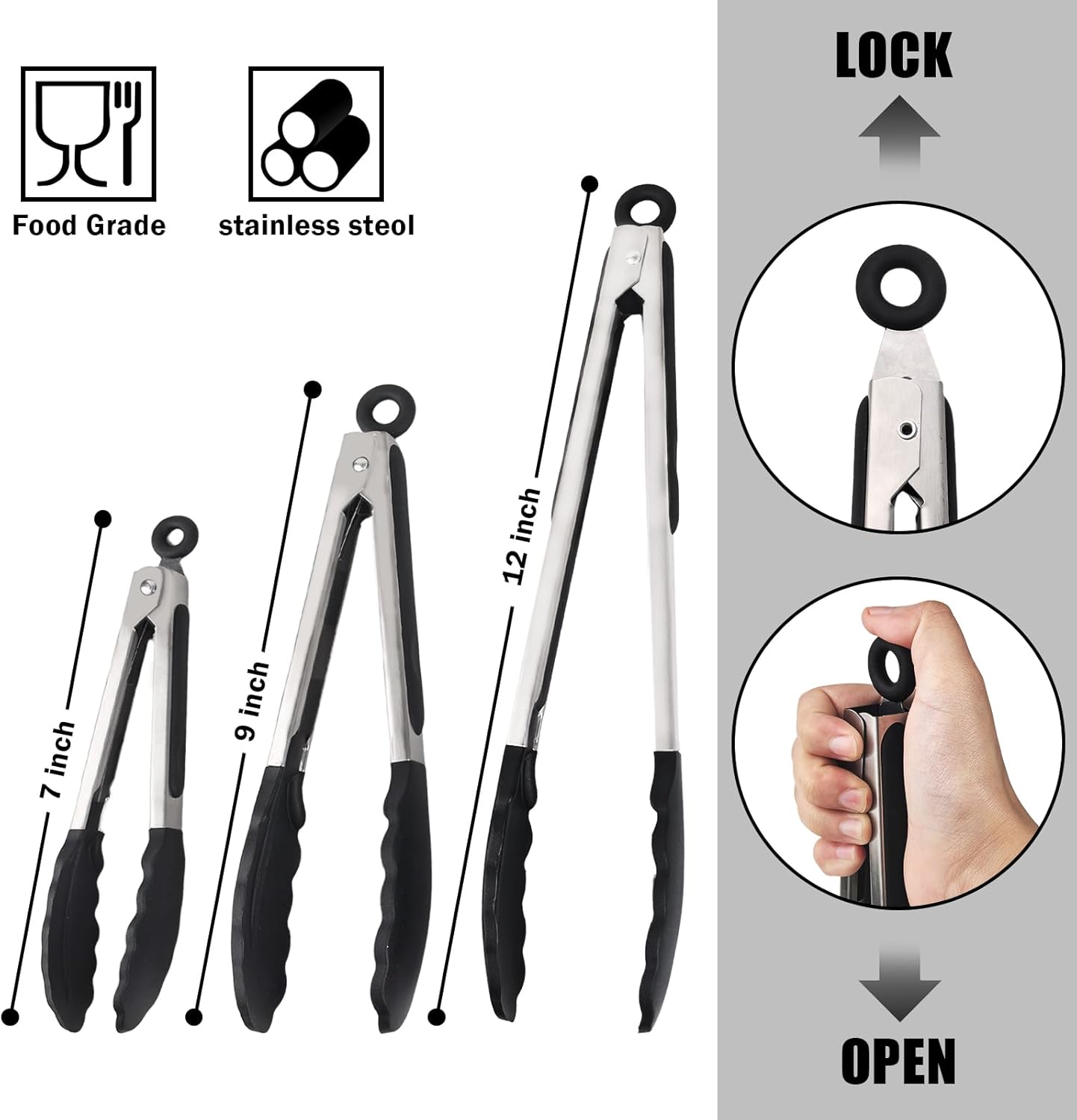 Kitchen Tongs with Silicone Tips, Kitchen Tongs, Cooking Tongs, Premium Stainless Steel Locking Cooking Tongs, Non-Slip Food Tongs for Cooking, Heavy Duty, Non-Stick, 480℉, Set of 3-7"/9"/12" Black