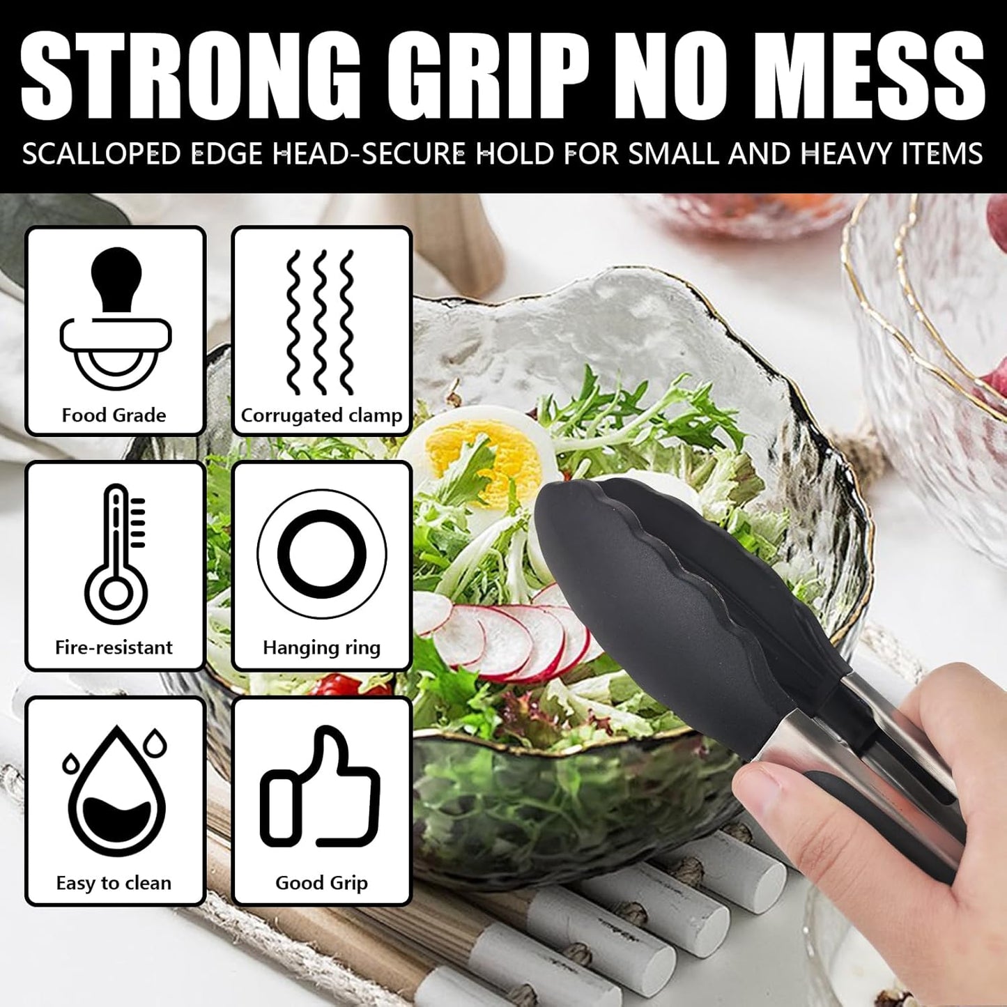 Kitchen Tongs with Silicone Tips, Kitchen Tongs, Cooking Tongs, Premium Stainless Steel Locking Cooking Tongs, Non-Slip Food Tongs for Cooking, Heavy Duty, Non-Stick, 480℉, Set of 3-7"/9"/12" Black