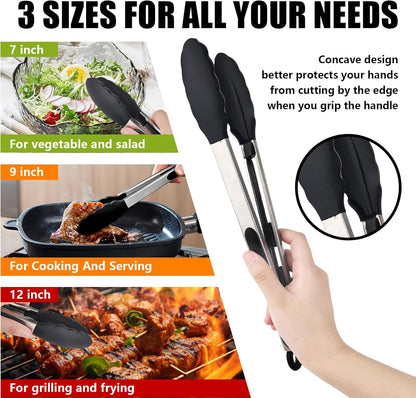 Kitchen Tongs with Silicone Tips, Kitchen Tongs, Cooking Tongs, Premium Stainless Steel Locking Cooking Tongs, Non-Slip Food Tongs for Cooking, Heavy Duty, Non-Stick, 480℉, Set of 3-7"/9"/12" Black
